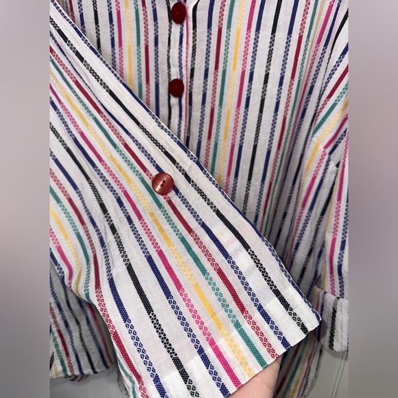 Ali Miles 1X Cotton Textured Rainbow Stripes Button Down Tunic Roll Tab Sleeve - Picture 7 of 15